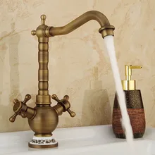 Kitchen faucet all copper European antique double spiral double handle faucet Rotatable hot and cold mixing ceramic faucet