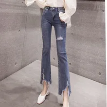 Осень новая высокая талия тонкая для похудения мода дикие эластичные девять точек роговые джинсы для женщин