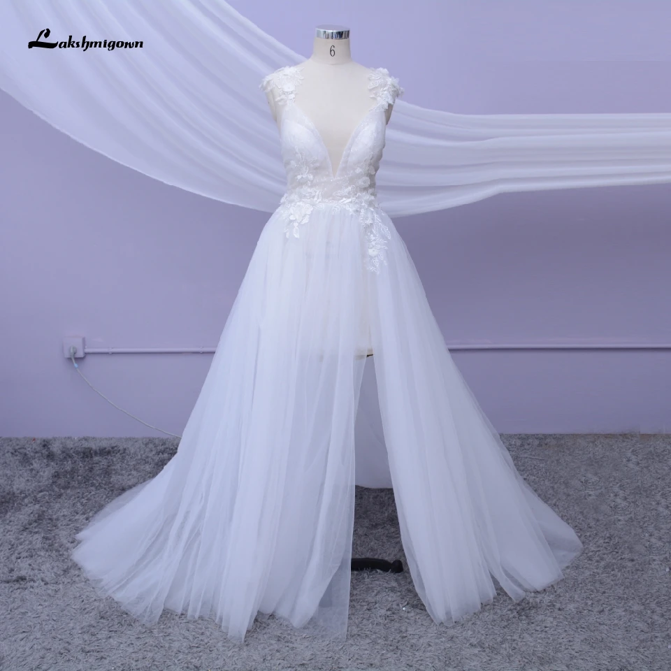 Свадебное пляжное платье на тонких бретельках, сексуальное свадебное платье с высоким разрезом, открытая спина, 3D цветок, белое Тюлевое свадебное платье для свадьбы в стиле бохо