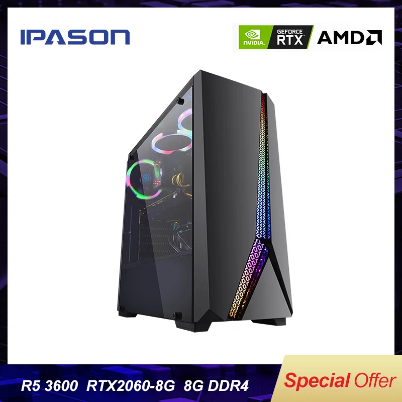 IPASON игровой ПК AMD R5 3600 RTX2060 супер 240 г SSD DDR4 16 Гб ram для игр PUBD настольные игровые компьютеры ПК сборочная машина