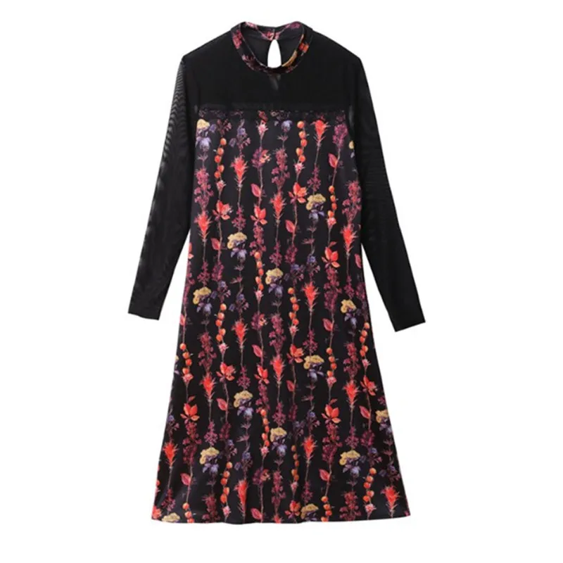 

Plus-size women's dress 2020 new spring temperament net yarn retro printing patchwork long sleeves dress