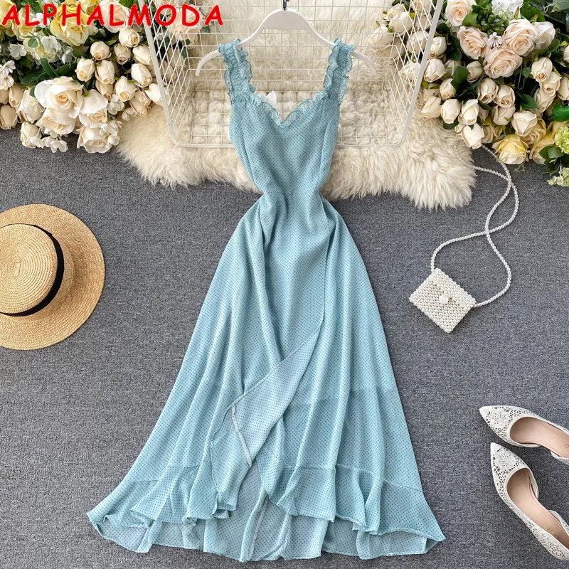 Женское шифоновое платье ALPHALMODA, асимметричное пляжное платье в горошек с разрезом спереди и открытой спиной, Трендовое праздничное платье, Новое поступление 2020|Платья| | АлиЭкспресс