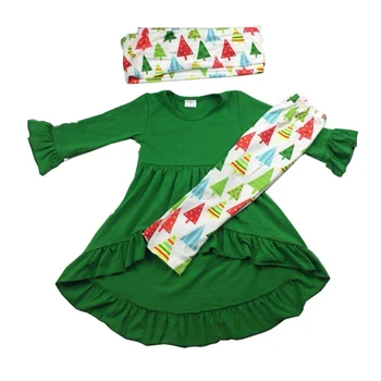 

Christmas tree printed kid girl outfit with scarf green cotton high-low tunic top match legging girls clothing set