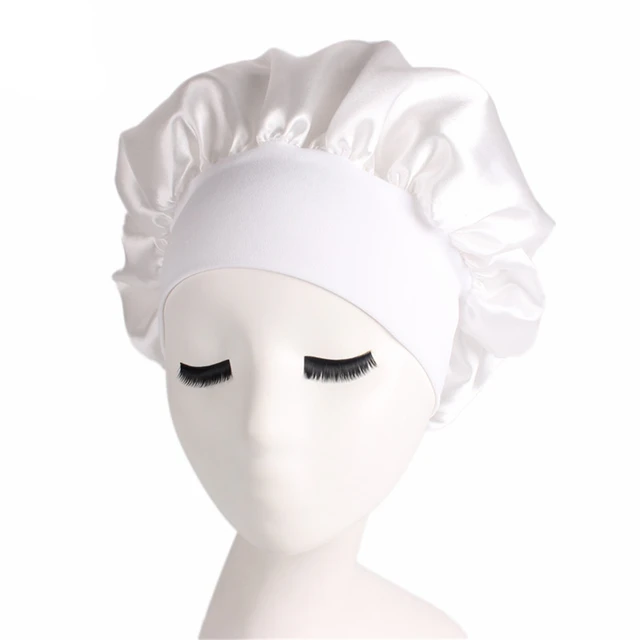 Newly Women's Satin Solid Sleeping Hat Night Sleep Cap Hair Care Bonnet Nightcap For Women Men Unisex Cap Bonnet De Nuit white