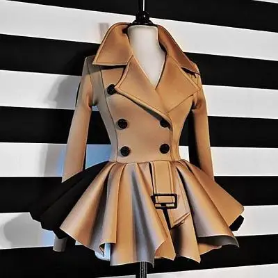 Women Autumn Winter Coat Long Sleeve Jackets Tops Pleated Patchwork Office Ladies Workwear Chic Streetwear Coats - Цвет: Khaki