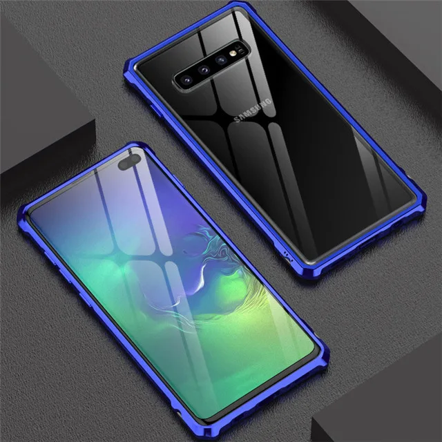 Blue Чехол для samsung S10 Plus, Роскошный Алюминиевый металлический каркас, жесткие прозрачные чехлы с закаленным стеклом для samsung Galaxy S10 S10E Coque - Цвет: Blue
