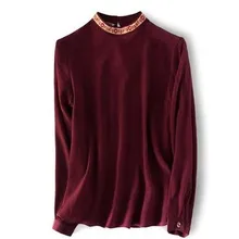 Редкая шелковица, шелк, Кора, Креповое вино, Красная Вышивка, маленький стоячий воротник, футболка с длинным рукавом, Женская