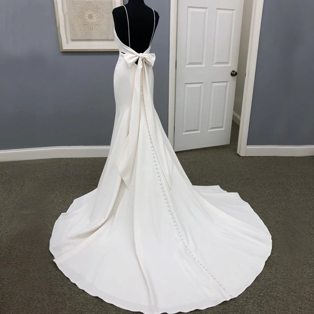Plain Ivory Mermaid Wedding Dress 2020 Spaghetti Straps Sweetheart Bow Knot Ribbon Chapel Train Open Back Bow Knot Bridal Gown (1)