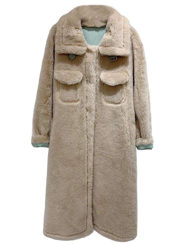 Women 2020 Autumn Winter Long Real Fur Coat Lapel