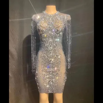 

Shining Rhinestone Mesh Perspective Women's Slim Knee Length Dress Singer Stage Costumes Party Banquet Women Fashion Clothes