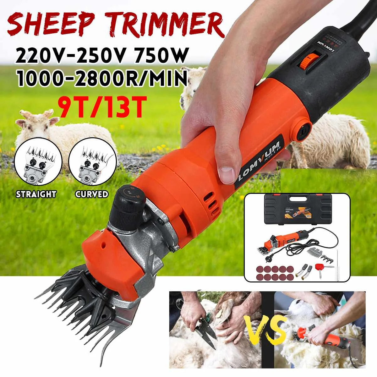 

LOMVUM 750W 9T/13T Sheep Trimmer 6 Gears Speed Electric Sheep Goat Shearing Machine Clipper Farm Wool scissor Straight/Curved
