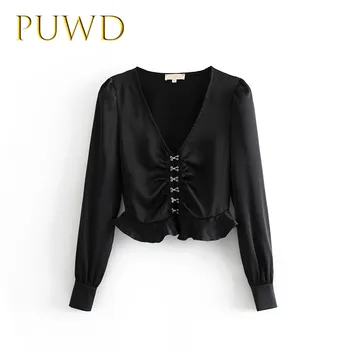 

PUWD 2019 Autumn dress new V-collar hook buckle lotus leaf edge shirt design sense of small women