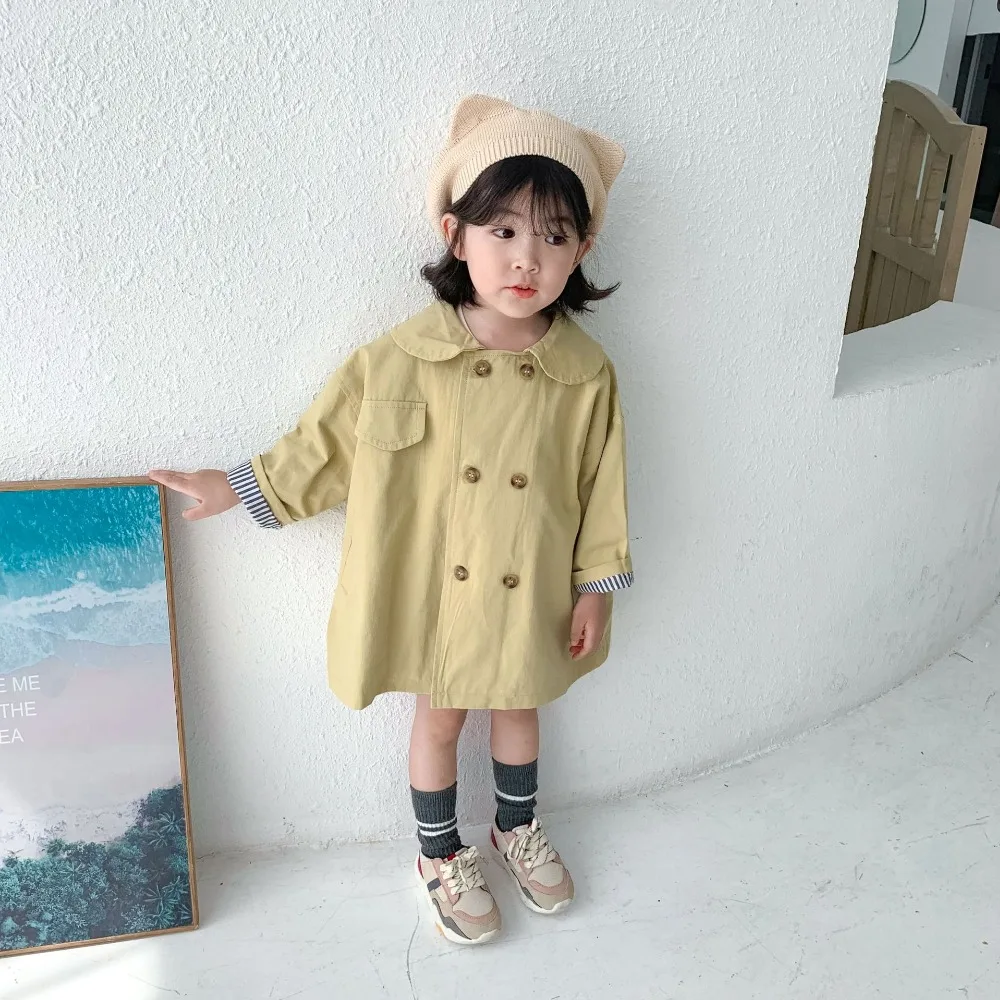 Новая детская одежда корейская двубортная хлопковая длинная куртка ветровки в полоску с воротником-куклой для девочек