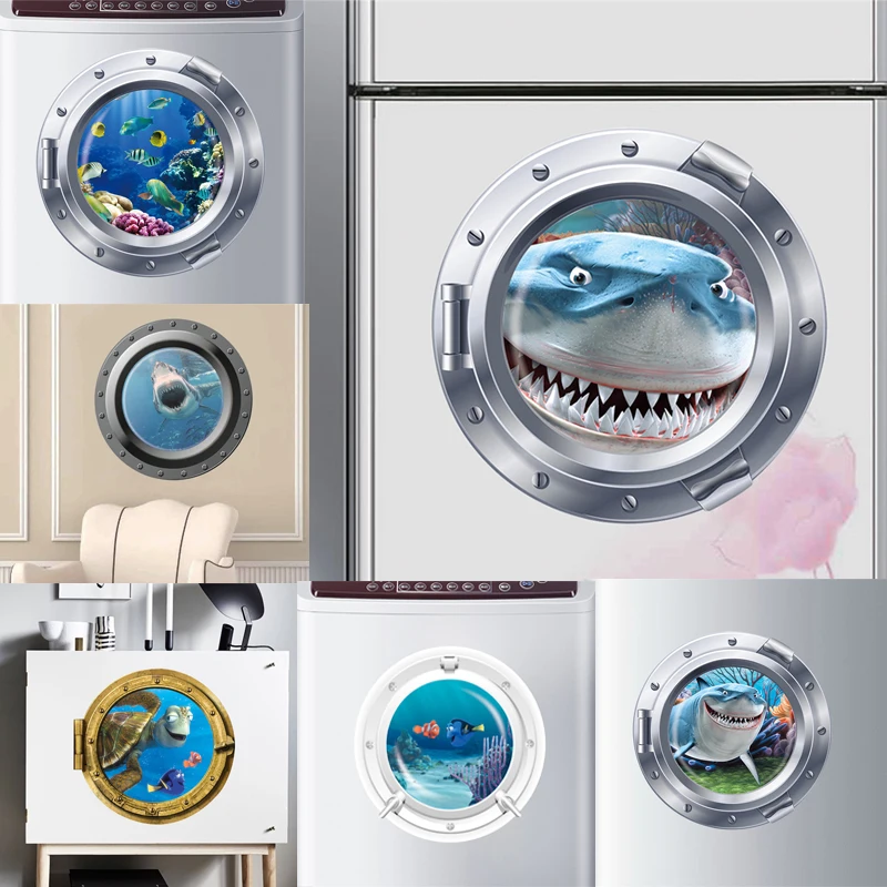3d vivid Submarine Porthole Wall Stickers Refrigerator Bathroom Home Decoration Shark Fishes Mural Art Pvc Decal home decoration