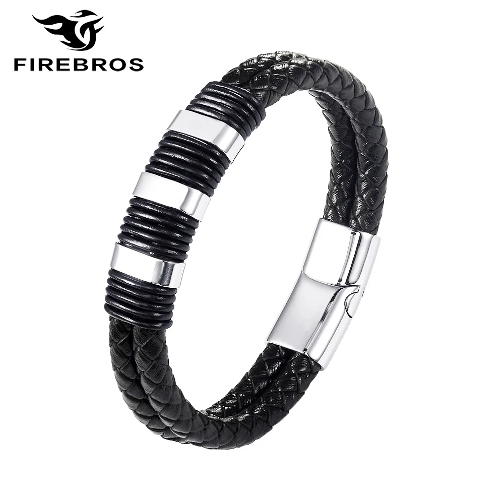 FIREBROS 2021 New Magnetic Clasp Stainless Steel Bead Charm Genuine Leather Bracelet Bangle Men Women's Jewelry Gift Accessory |