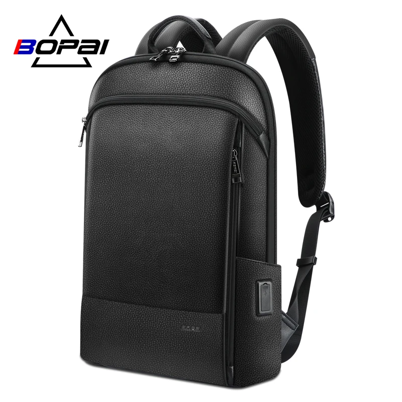 

BOPAI Men Backpack Genuine Leather Slim Laptop Backpack for 15.6 Inch Fashion Office Waterproof Business Backpacks Mochila