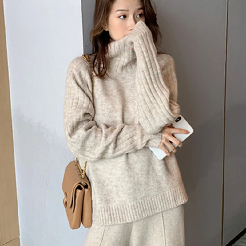beige Fashion Pullover Knitted Sweater Ladies Elegant Women Autumn Winter Casual Solid Long Sleeve Jumper Turtleneck Pull Femme - Color: beige