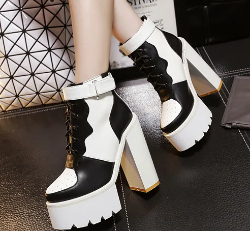 

Brand Women's Shoes Round Toe Booties Woman 2019 High Heels Boots Flat Platform Lace Up Fashion Stiletto Clogs Ladies Chunky