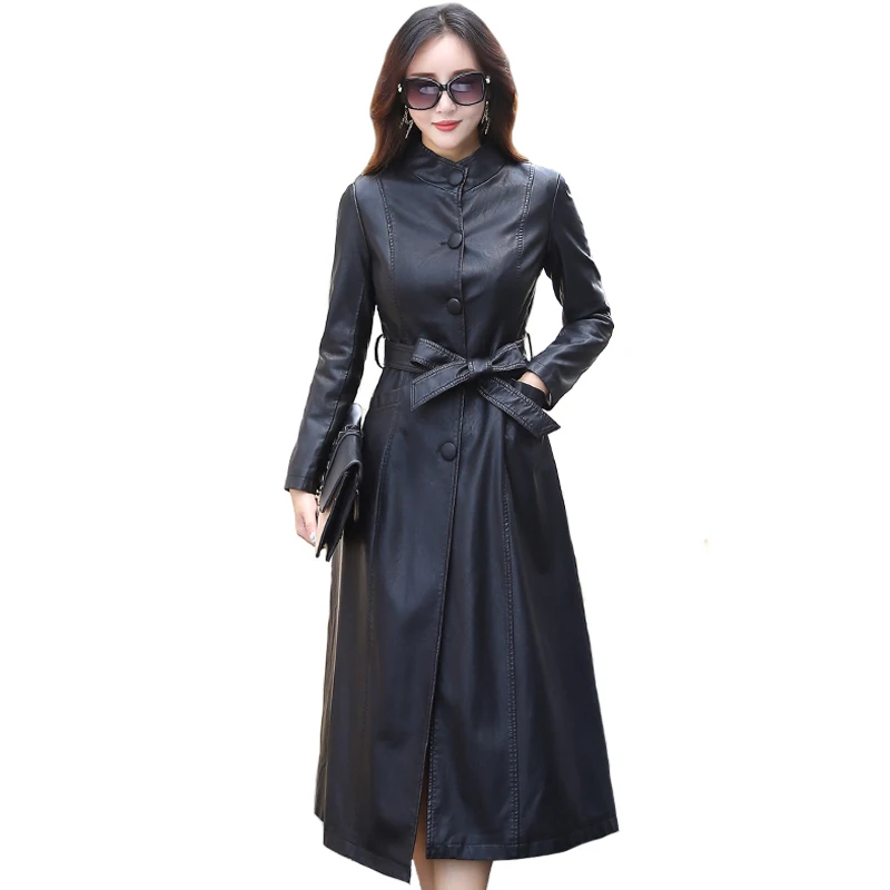 

Fashion Autumn X-Long Womens Black Leather Jacket Winter Plus Size 5XL Single Breasted Slim Faux Leather Coat Female Windbreaker