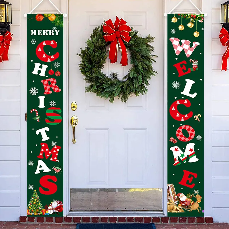Christmas Porch Sign, Buffalo Plaid Decor Merry Christmas Door Banner Xmas Hanging Decoration for Home Yard Front Door Navidad