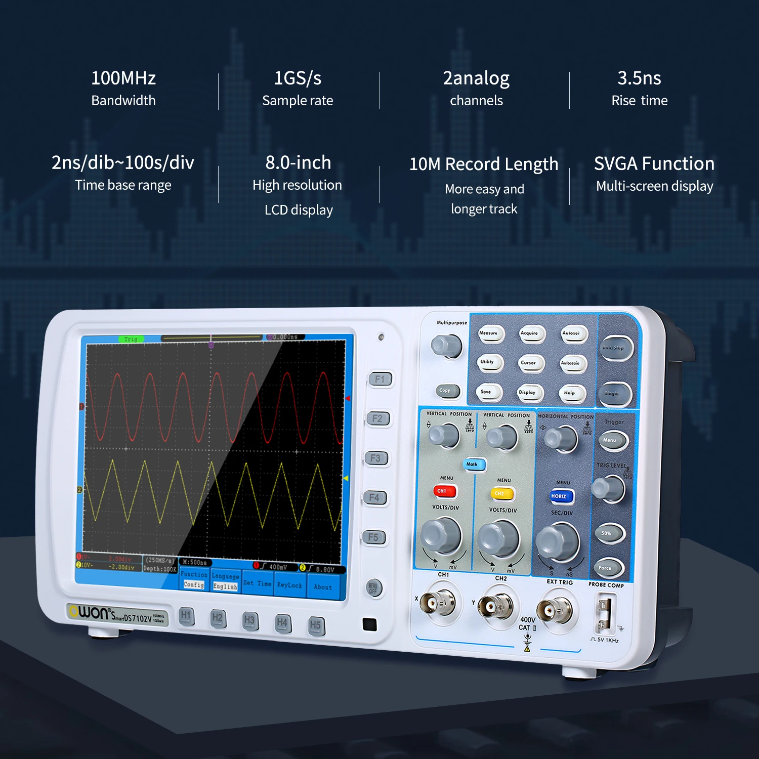 SDS7102V для OWON 100 МГц цифровой осциллограф 1 г/локон большой " ЖК-дисплей с VGA выходом 2 канала 10 м длина записи цифровой осциллограф