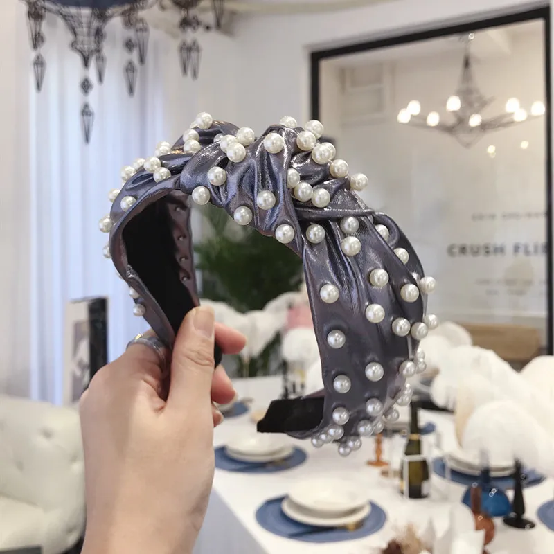 Панковские жемчужные повязки для волос из искусственной кожи с узлом для женщин, повязка на голову, аксессуары для волос, Корея, повязка на голову с цветочной короной
