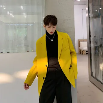 

Male Streetwear Loose Suit Coat Outerwear Couple Clothes Men Vintage Fashion Yellow Casual Blazer Suit Jacket Overcoat