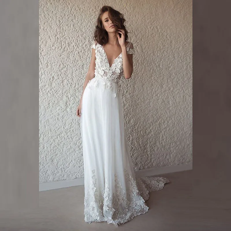 

Charming Boho Full Length Lace Applique Bride Wedding Dresses Cap Sleeves Plunge V Neck Wedding Gowns for Bride Back Out