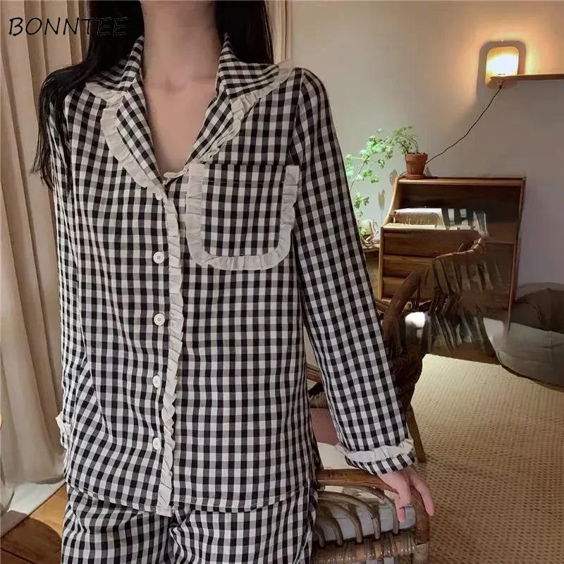 

Pajama Sets Women New Arrive Tender Simple All Match Plaid Fashion Sweet Ladies Homewear Cozy College Casual 2 Pcs Popular Ins
