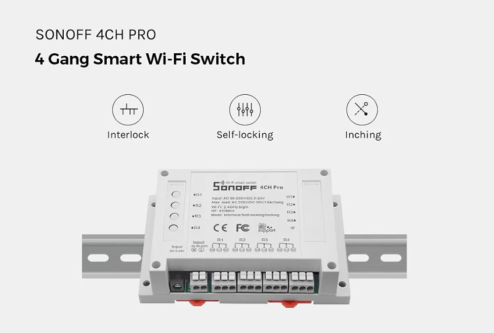 Sonoff 4CH Pro R2 Wifi смарт-коммутатор 433 МГц РЧ умный Wifi коммутатор 4 банды 3 режима работы инчинг интерлок умный дом с Alexa