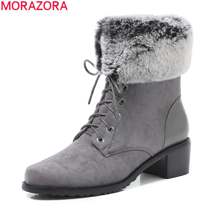 MORAZORA/ г., Новое поступление, зимние теплые женские ботинки женская обувь на среднем каблуке с квадратным носком Модные однотонные ботильоны на шнуровке