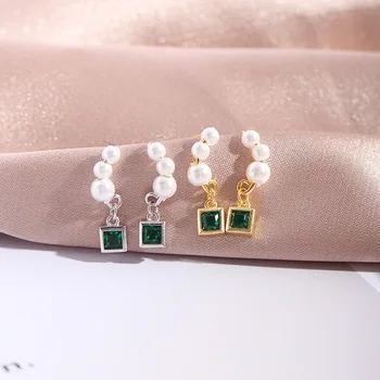 

Small Square Green Cubic Zircon Pendant 925 Sterling Silver Dangle Drop Earrings for Women Girls Pearls Earings Jewelry