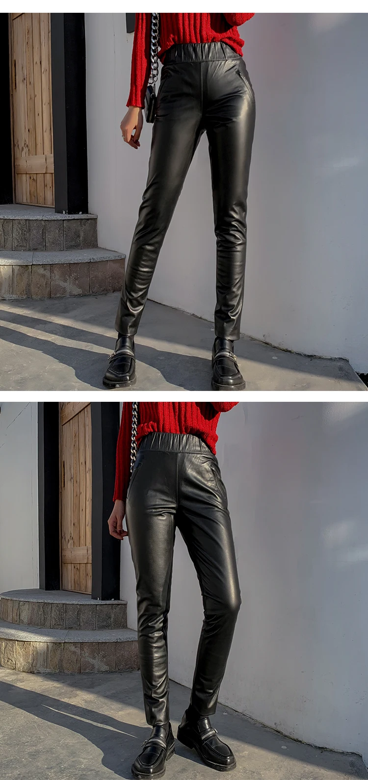 Брюки из натуральной кожи, минималистичные, Highstreet Moto, высокая талия, овчина, узкие брюки, женские, Осень-зима, одноцветные, облегающие брюки