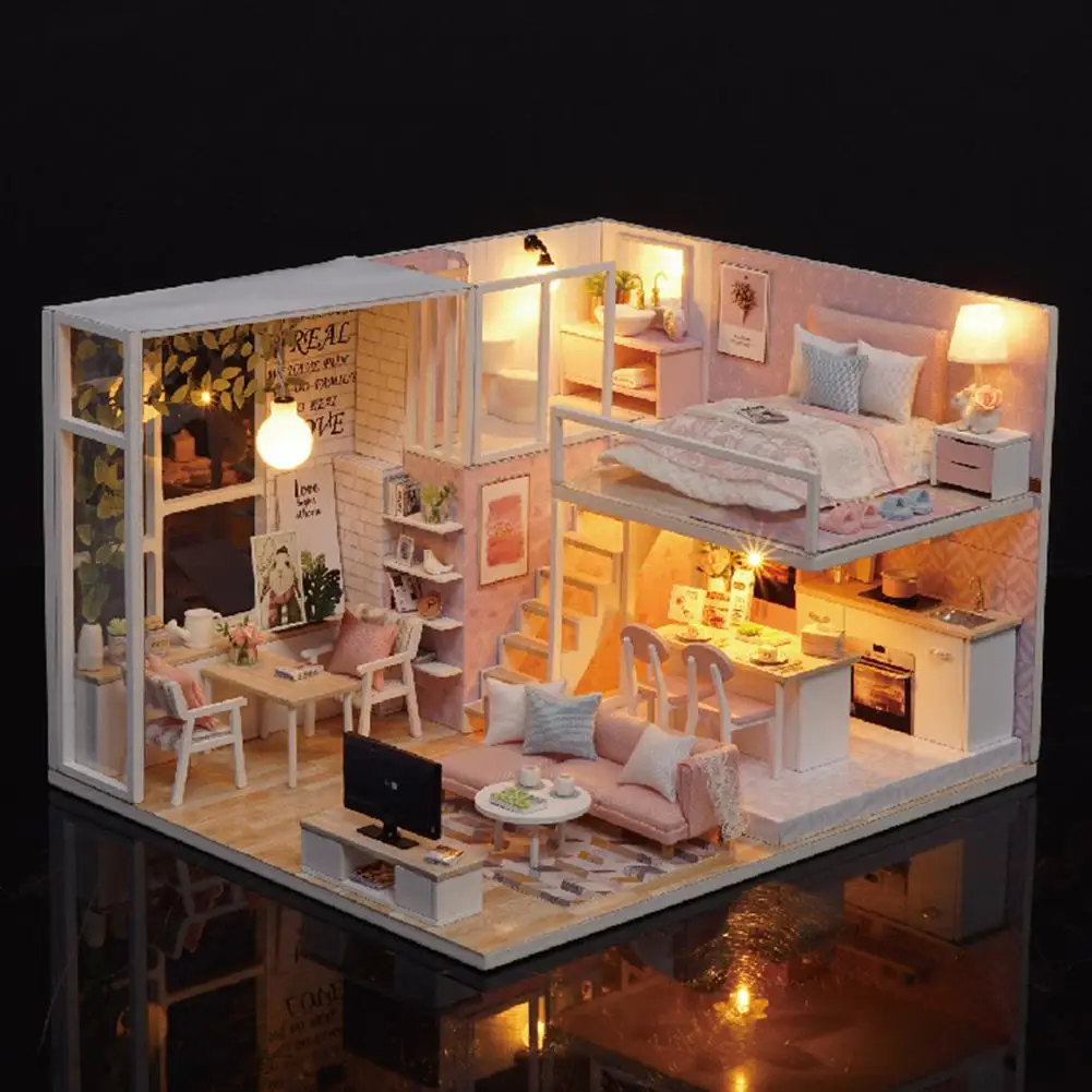 3D Деревянный миниатюрный кукольный домик, светодиодный, Миниатюрный Кукольный дом, мебель, вилла, сделай сам, Сборная модель, ручной работы, рождественские подарки