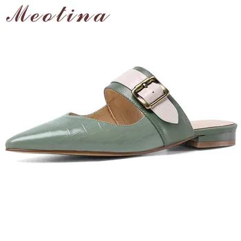 

Meotina Real Leather Flats Mules Shoes Metal Decoration Women Shoes Pointed Toe Flat Footwear Lady Summer Green Large Size 40