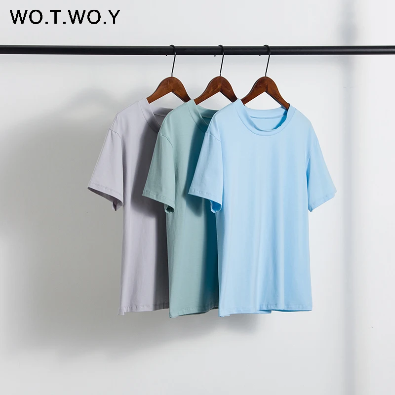 Feminina de Malha Feminina o Pescoço Wotwoy Verão Solto Básico Camiseta Algodão Sólido Casual Coreano Topos Feminino Harajuku 2021 Novo 7 malha algodão sólido camiseta feminina o pescoço