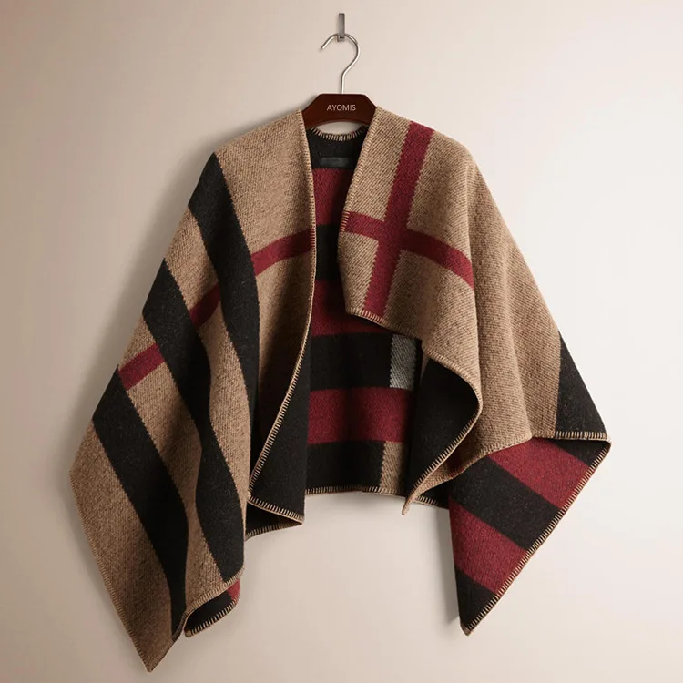 

Autumn/winter new red black plaid wool cape purple cashmere blended blanket-style Shawl Wrap Open Front Poncho Cape