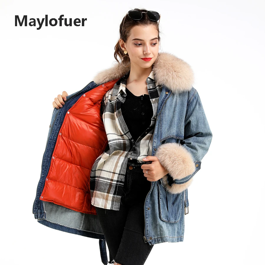 Maylofuer Новая женская синяя джинсовая куртка съемный пуховик натуральный Лисий мех воротник и манжеты с поясом