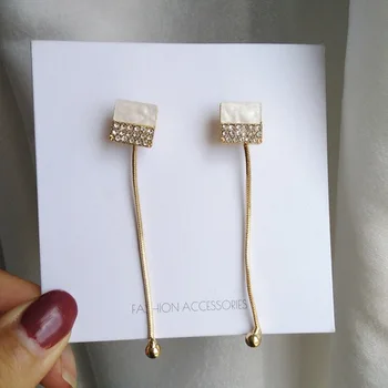 

Korean Temperament Simple Rhinestones Square Long Tassel Clip Earrings for Women Girl Fashion Jewelry Accessories