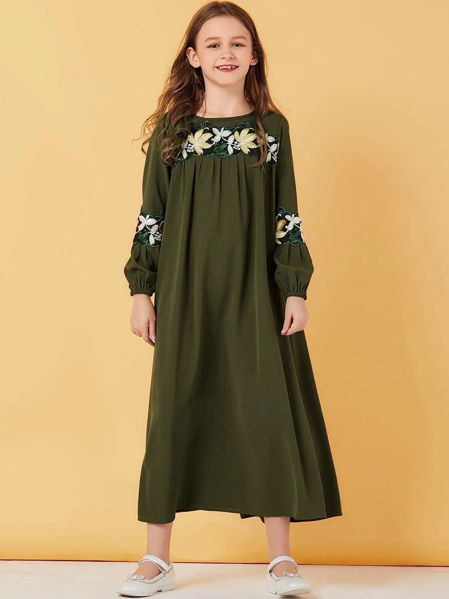 Зеленое вышитое пастелью платье с длинными рукавами с рукавами-пузырьками мусульманское платье с длинными рукавами для девочек