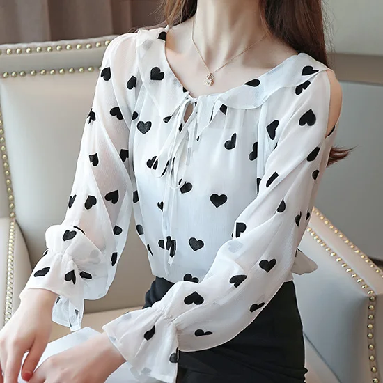 Женская blusas mujer de moda Осенняя элегантная шифоновая блузка в горошек с длинными рукавами тонкая Блузка офисная для женщин рубашка - Цвет: Белый