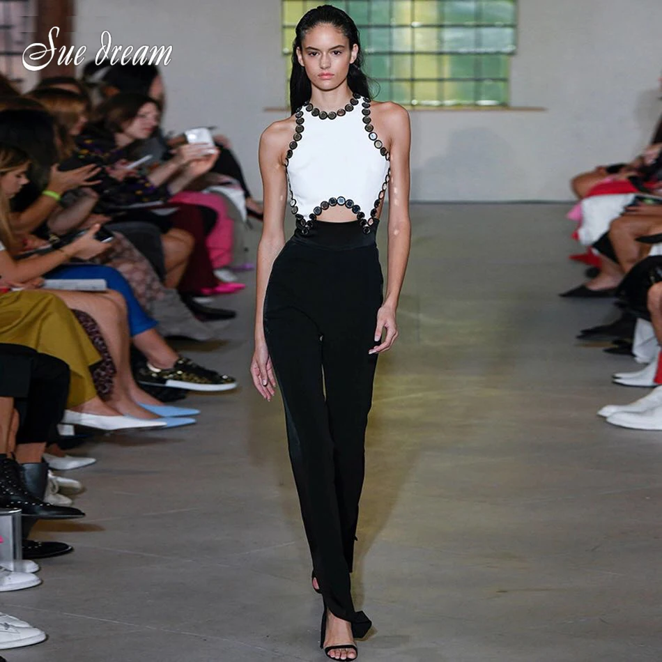 

New Fashion Sexy Black And White Bodysuit Sequins Stitching Hollow Backless Body Tight Bodycon Club Party Bandage Jumpsuit