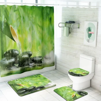 

4pcs Soft Chinese Bamboo Water Absorption Bath Mat Set Toilet Lid Cover Hotel Printed Floor Home Shower Curtain Anti Slip