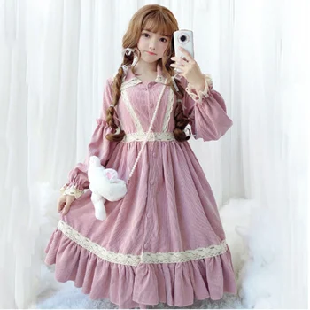 

Sweet Cute Lolita Dress Corduroy Long Sleeve Lace Up Single Breasted Kawaii Lolita Dress Loli Lol Cos Vestidos Dress