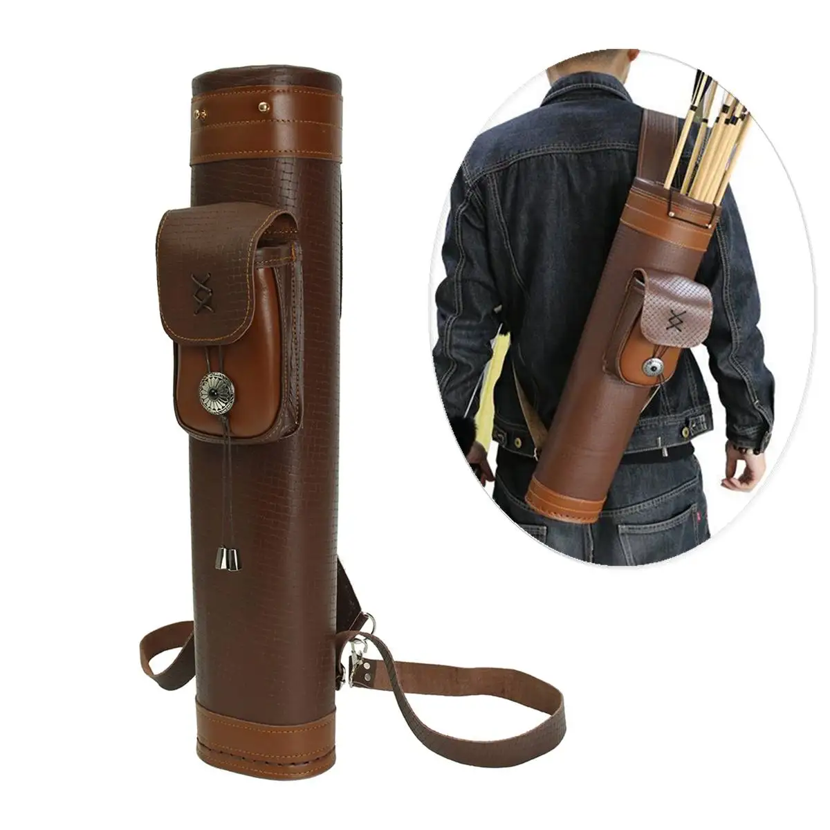 Crossbows Hunting 52cm Arrow Bow Quiver Shoulderback Holder Cow Leather