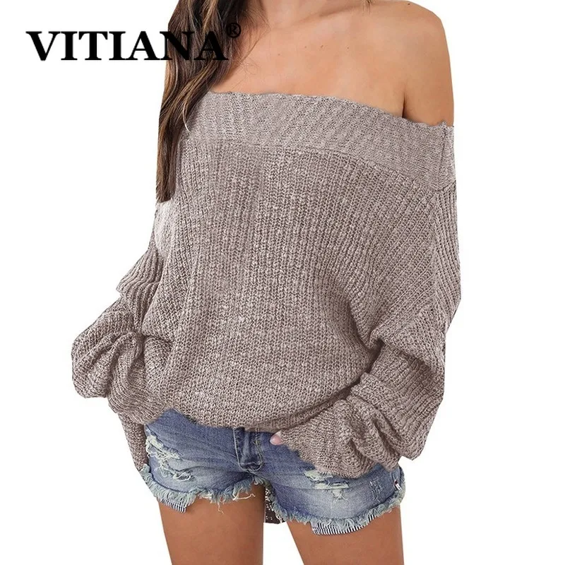 

VITIANA Women Plus Size Sweater Autumn Winter 2019 Female Long Sleeve Off Shoulder Loose Sweaters Ladies Casual Knitter Tops 5XL