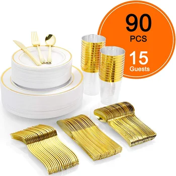 

Home and Living Disposable Gold Rim Dinnerware Set for Parties Wedding Buffets Services for 15 Guests