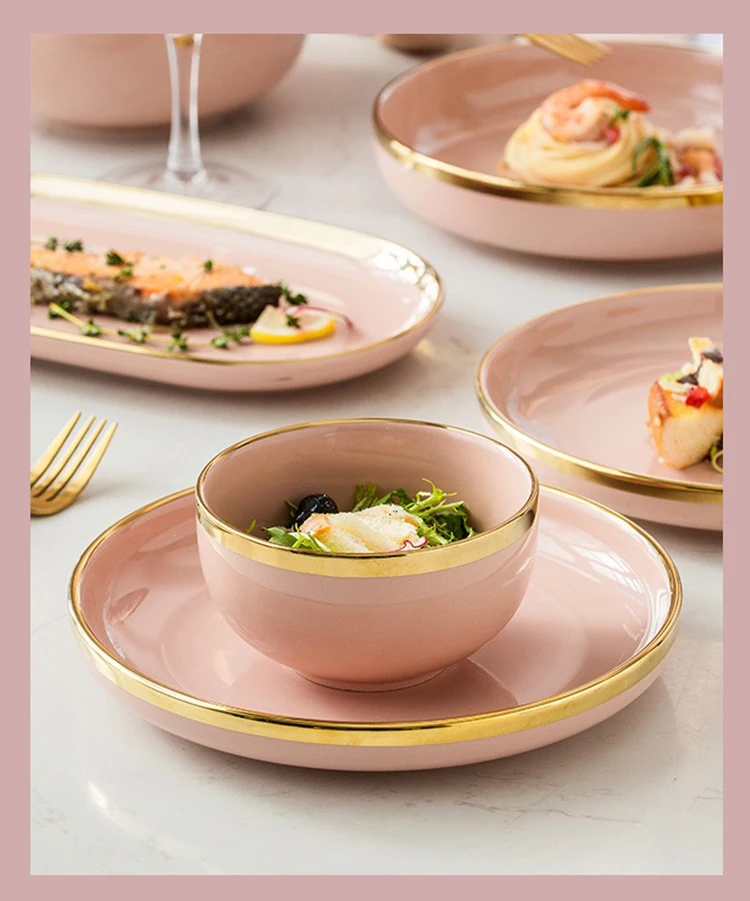 Pink Ceramic Dinner Plates Dishes Tableware Set Cake Food Plates Salad Soup Bowl Dinnerware Set