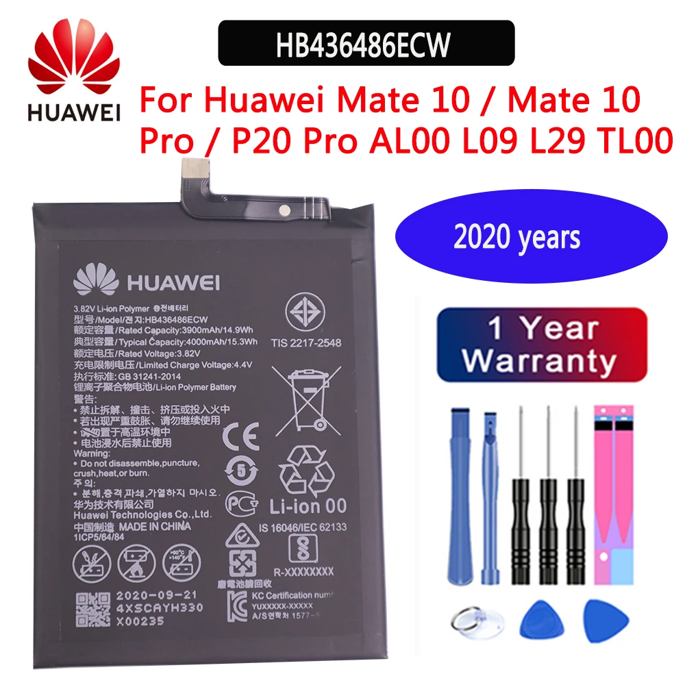 100% Оригинальный запасной аккумулятор для телефона HB436486ECW 3900 мАч Huawei Mate 10 / Pro P20