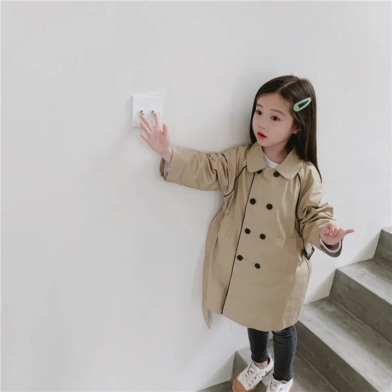 Куртки для девочек 2, 3, 4, 5, 6, 7 лет, модное двубортное пальто, Корейская куртка для малышей, ветровка, длинное пальто для девочек